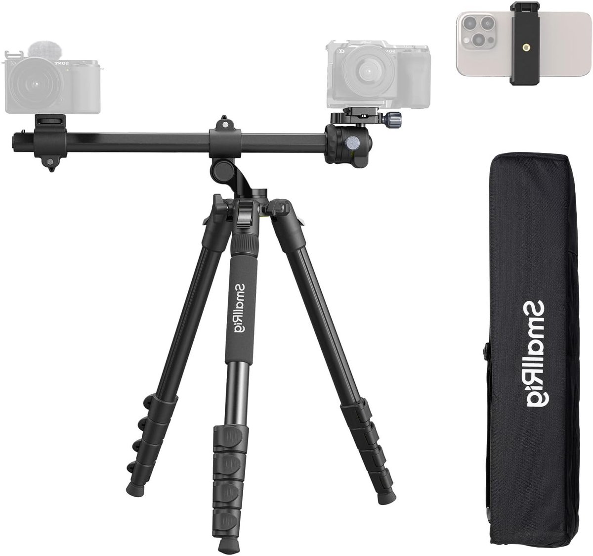 164cm Horizontale Overhead Tripod voor Camera en Smartphone met Draagtas, Maximaal 10kg, Ideaal voor Opnames en Vlogs