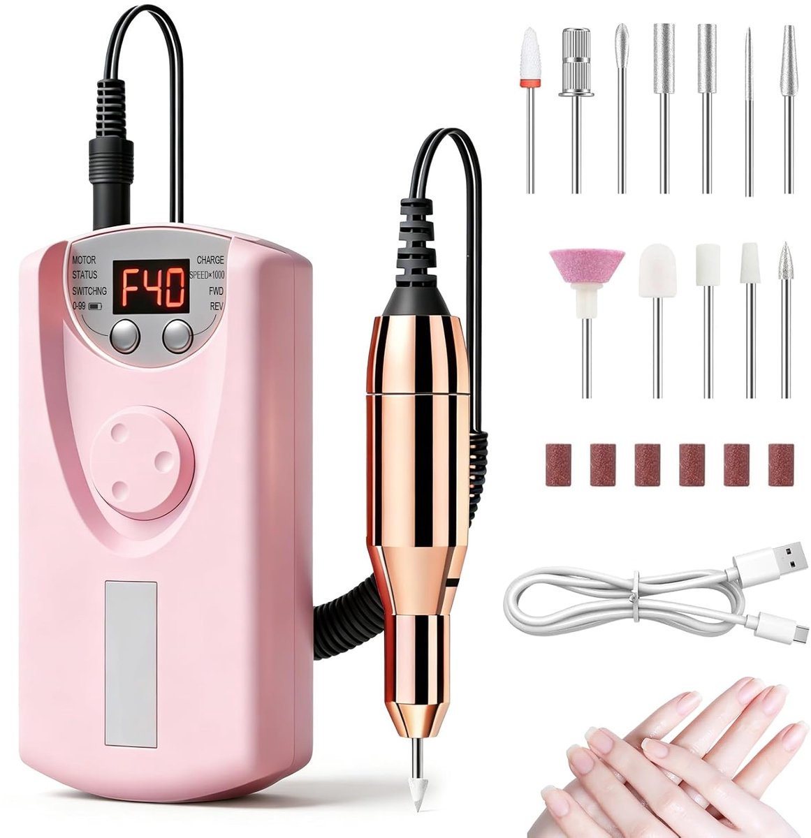 Professionele Elektrische Nagelfrees-set (40.000 tpm) – Draagbare, snoerloze nagelfrees met 12 opzetstukken – Oplaadbaar apparaat voor acryl, gel, polijsten en manicures (voor thuisgebruik en salon)