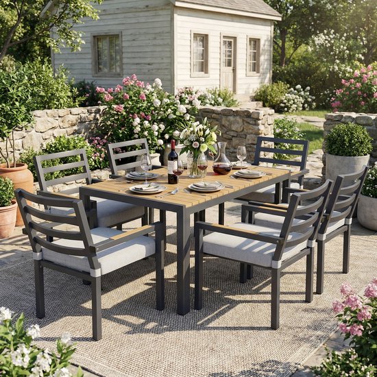 BLACKCOLORS Ensemble de salle à manger de jardin, ensemble de meubles de jardin, adapté pour 6 personnes, composé de 1 table et 6 chaises, fer galvanisé, plateau de table en bois plastique, gris