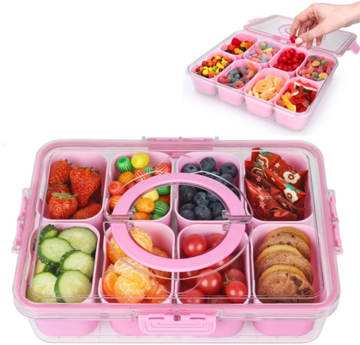 8-vaks Gesloten Snackbox met Deksel en Handvat, Lucht- en Waterdichte Voorraadcontainer, BPA-vrij PP Materiaal, Geschikt voor Fruit, Noten, Snoep en Kruiden, Vaatwasserbestendig, Ideaal voor Picknick en Reizen - roze