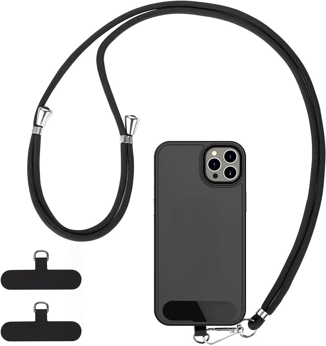 Mobiele telefoonkoord met 2 universele patches, geschikt voor alle smartphones, verstelbaar en verwijderbaar, zwart