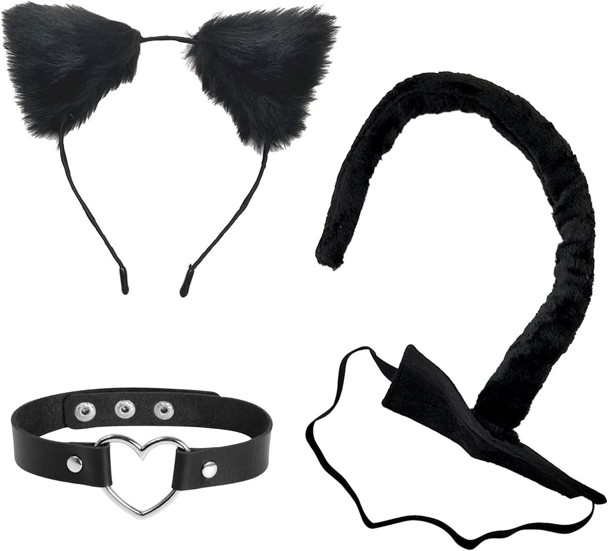 Cat Cosplay Set voor Vrouwen met Oren, Staart en Halsband - Perfect voor Halloween en Carnaval, Zwart, 3-delig Kostuumaccessoire