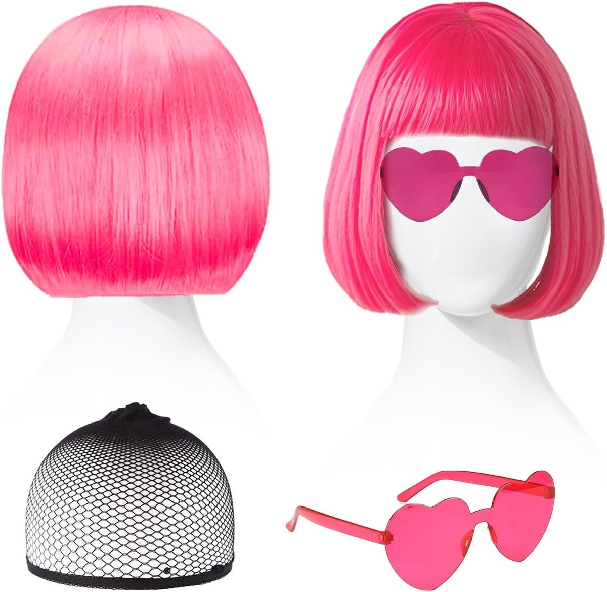 Drie-delige Cabaret Perukenset met Hoed en Zonnebril - Medium Lengte Bob Peruk voor Themafeesten en Carnaval (Roze)