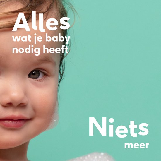 Close-up van babygezicht met de tekst "Alles wat je baby nodig heeft, Niets meer".