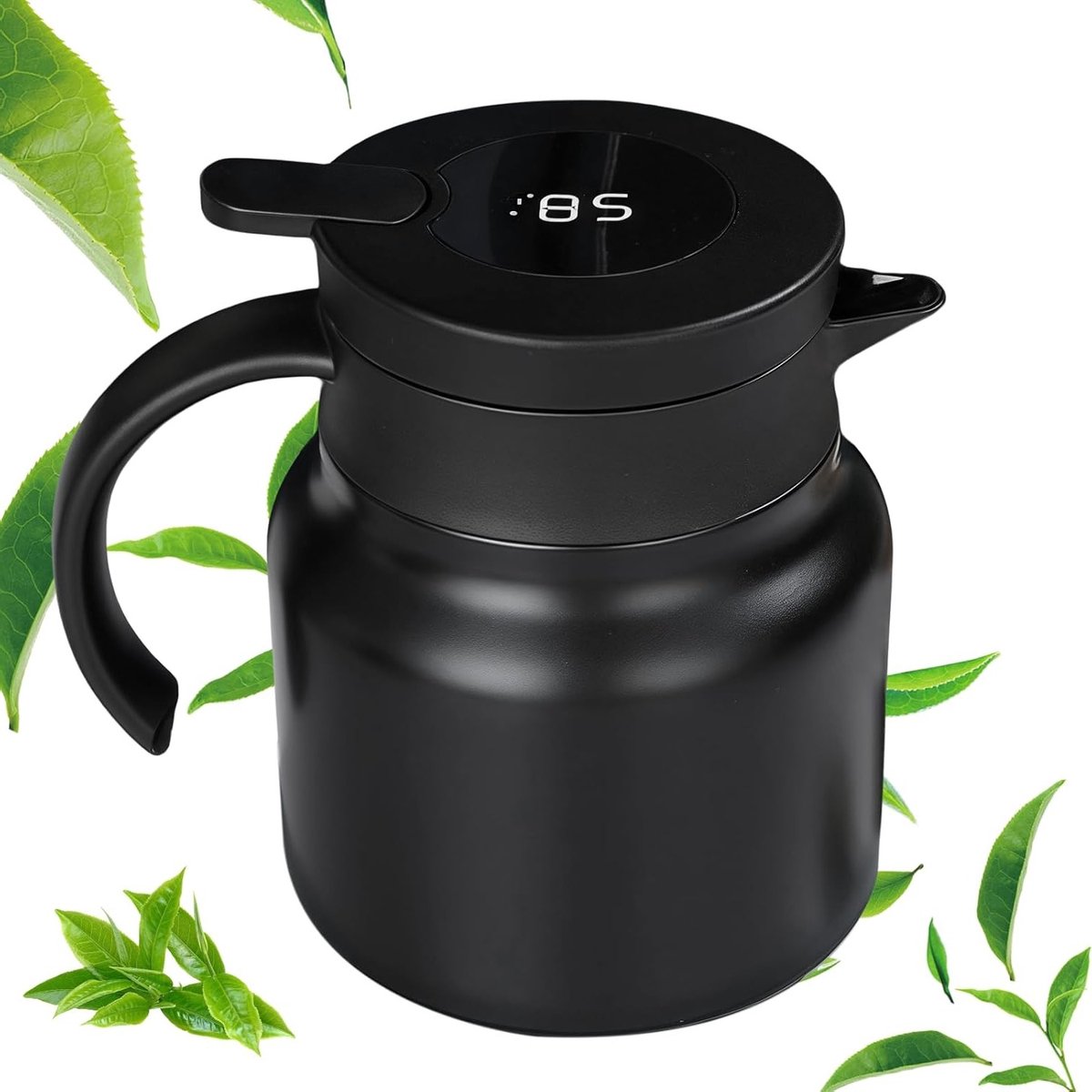 Isolerende theepot met afneembare theefilter en temperatuurdisplay, 316 roestvrij staal, koffiekan voor thuis en keuken, 1000 ml, zwart, ideaal voor thee en koffie.