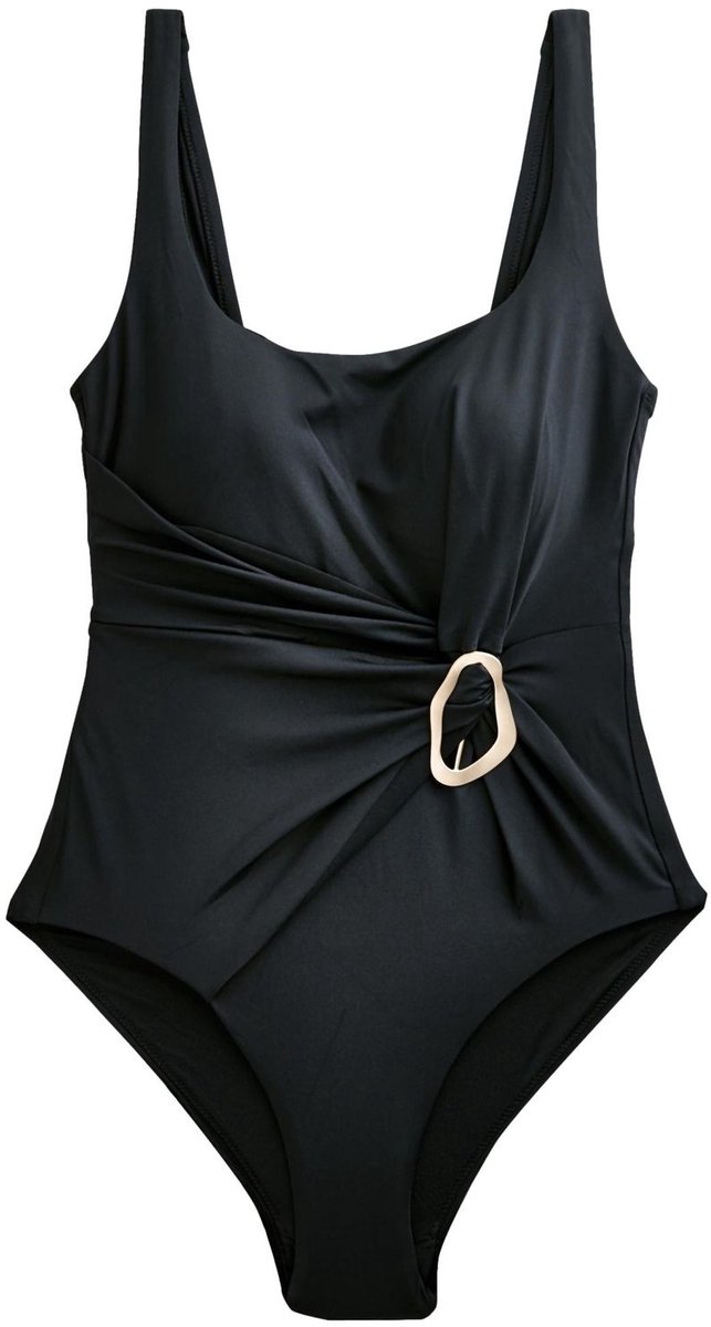 Next Dames - Buikcorrigerend badpak met gedraaide watervalhals - Zwart Black/Gold Hardware