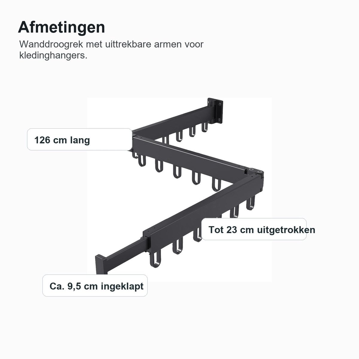 Wanddroogrek - zwart - inklapbaar - 18 haken - 126 cm