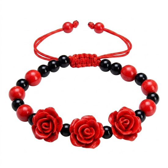Bracelet avec trois roses rouges, perles rouges et noires, cordon rouge ajustable.