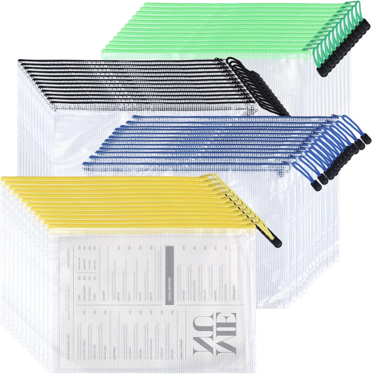 48 Stuks A4 Zip Documentenhoezen, Kleurige Plastic Mesh Zipper Tassen voor Bestanden, Kantoorbenodigdheden en Organisatie