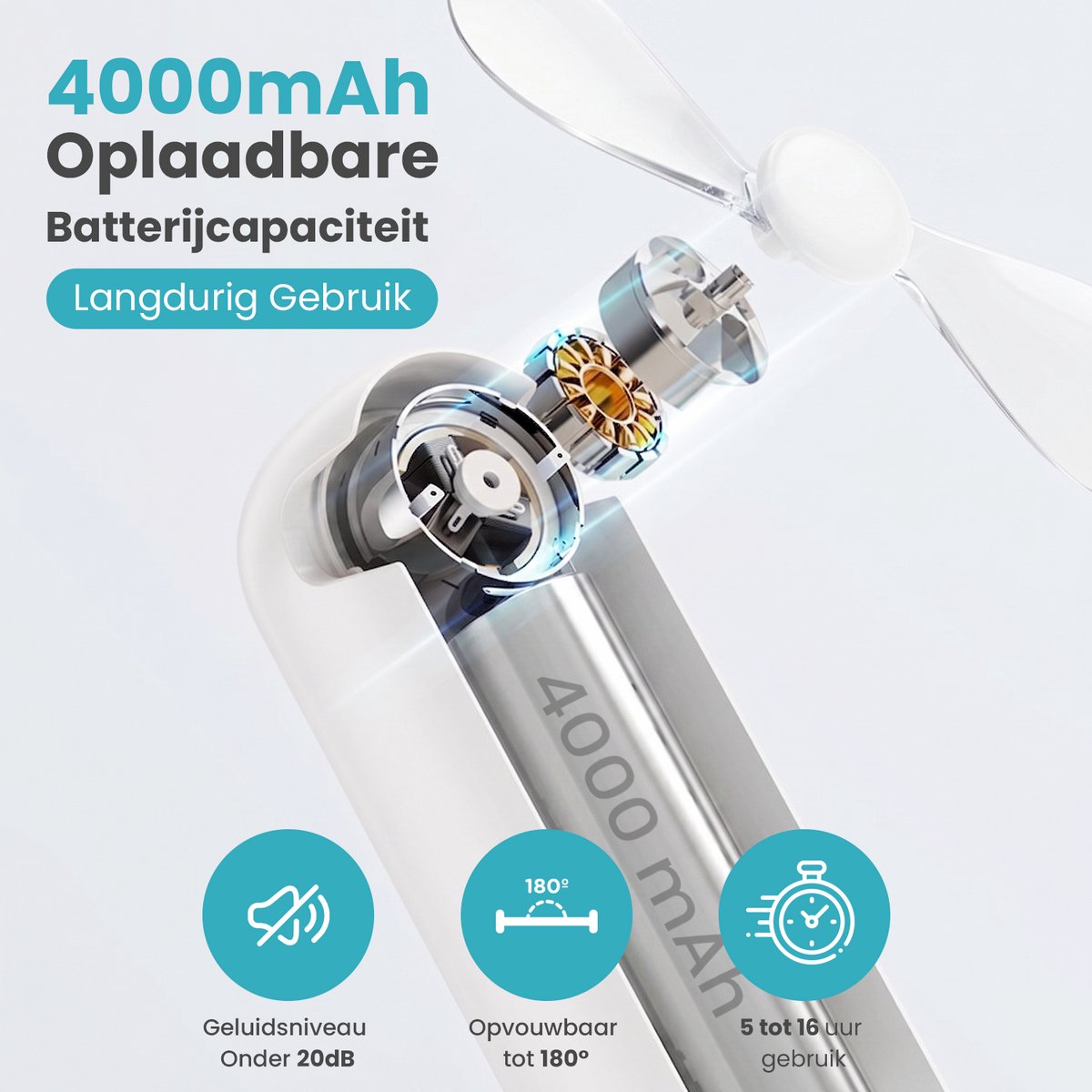 Twenty4seven® Mini Handventilator met Spiegeltje en Zaklamp - Draagbare Ventilator Oplaadbaar - Waaier Handwaaier - Tafelventilator Draadloos Wit - Hand Fan met 3 standen — afbeelding 2
