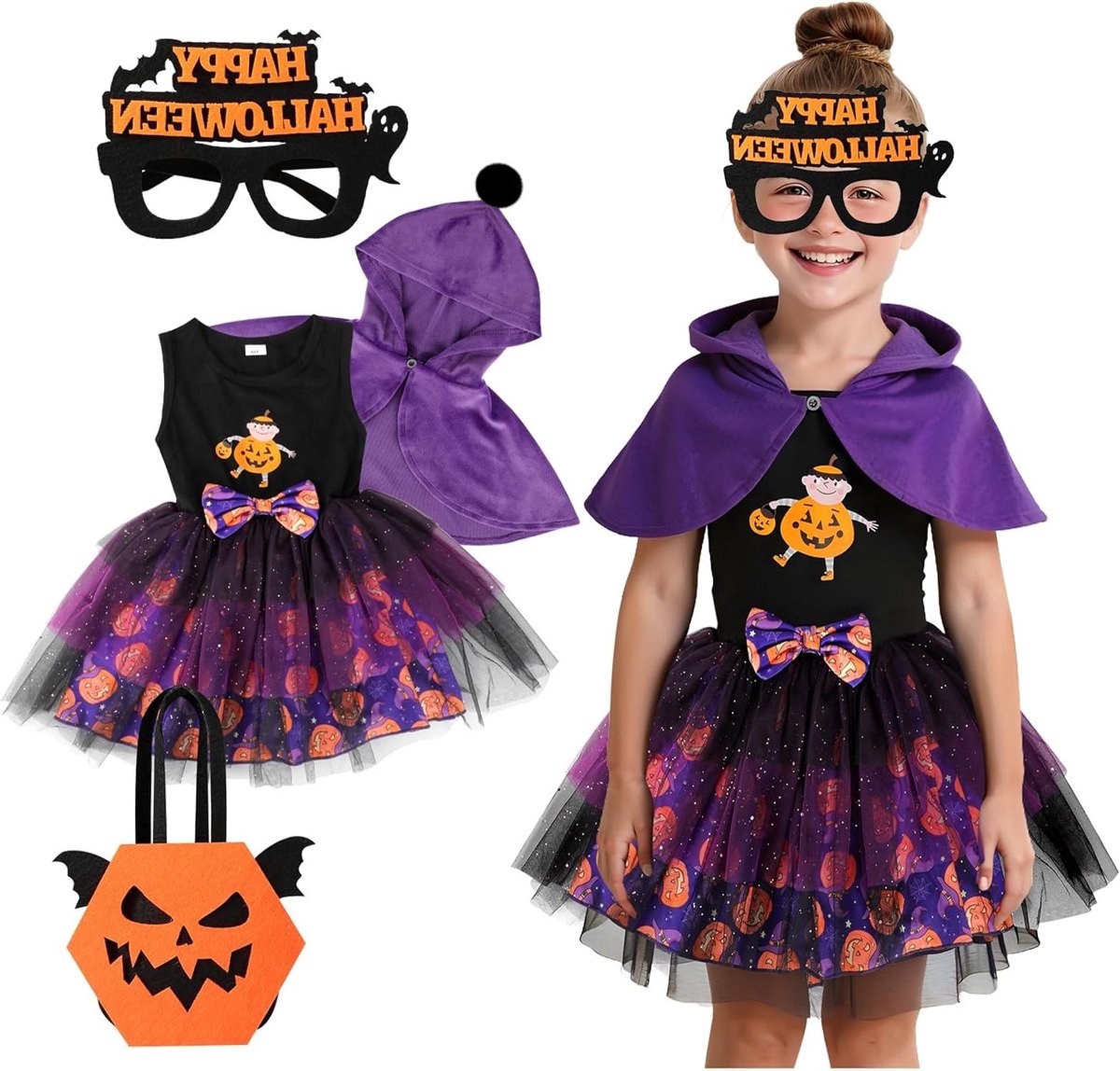 Meisjes Prinsessenjurk met Tovenaarsponcho en Kap in Paars, Tulle en Pailletten voor Halloween en Carnaval voor Kinderen van 1-6 Jaar