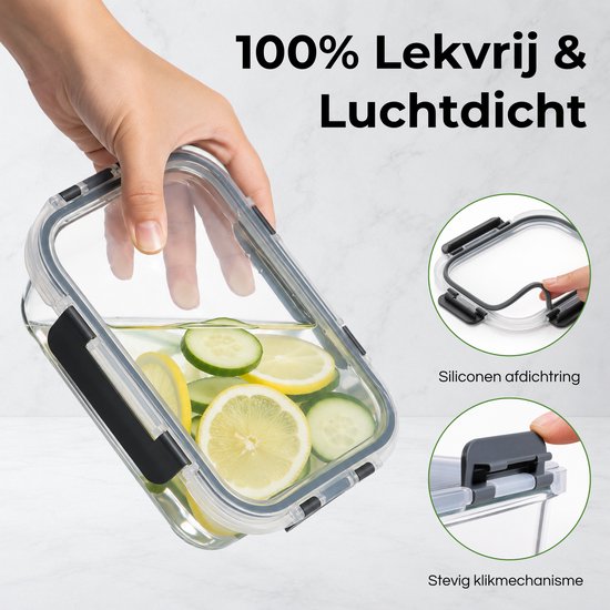 Five Stars® Boîtes de Conservation en Verre - 4 Pièces - Boîtes de Préparation de Repas - Boîtes de Congélation Hermétiques - Avec Couvercle - 1040 ml