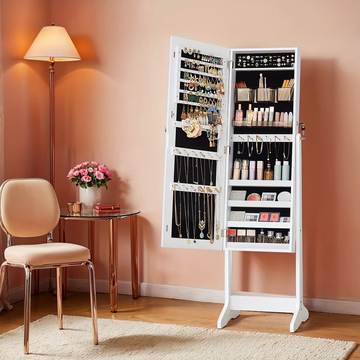 Sieradenkast met spiegel en slot vrijstaand sieradenopbergsysteem inclusief make-up organizers en volledige spiegel