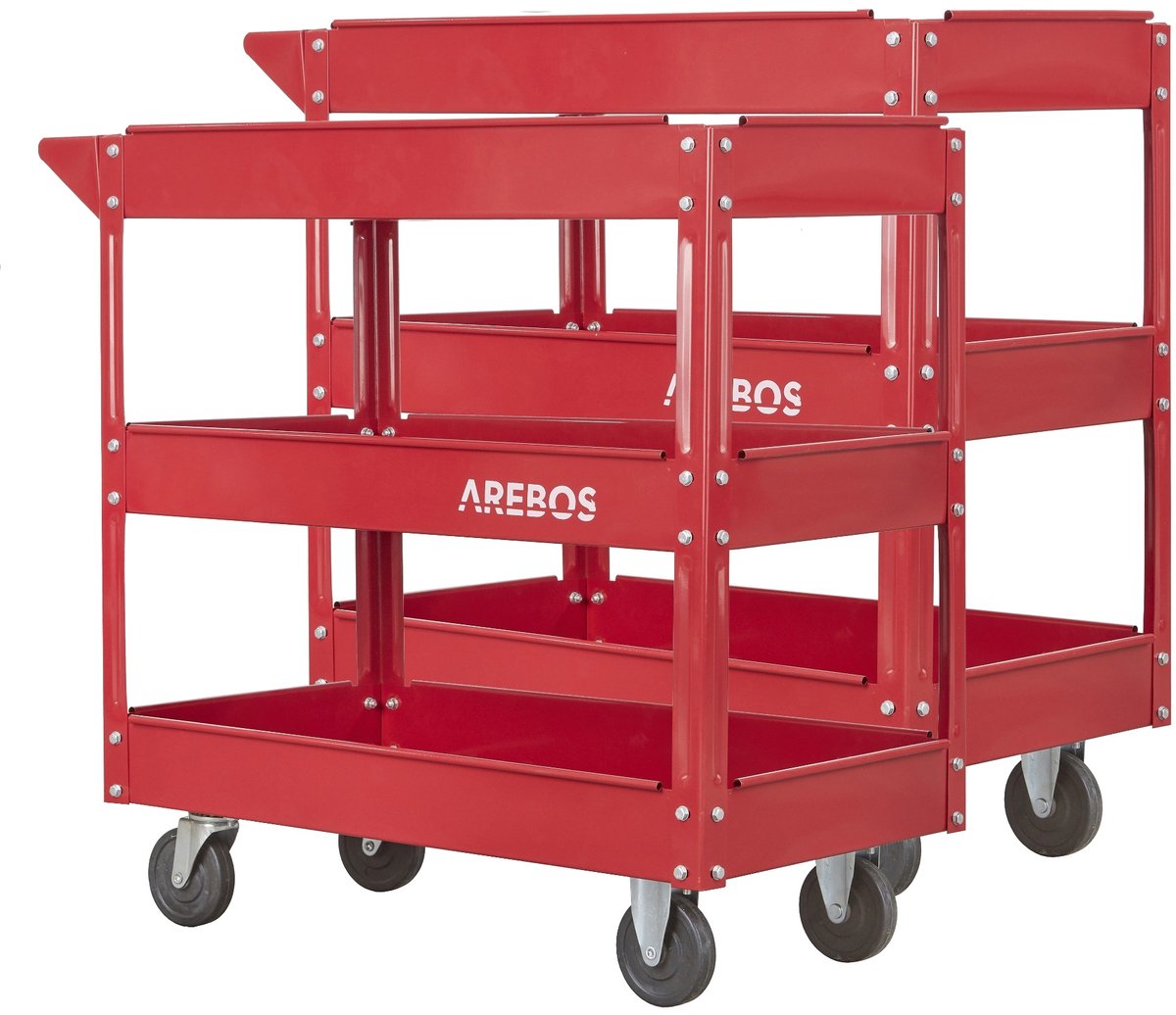 AREBOS 2x Werkplaatswagen Gereedschapswagen Rolwagen 120 kg Staal Garage Transportwagen Rood