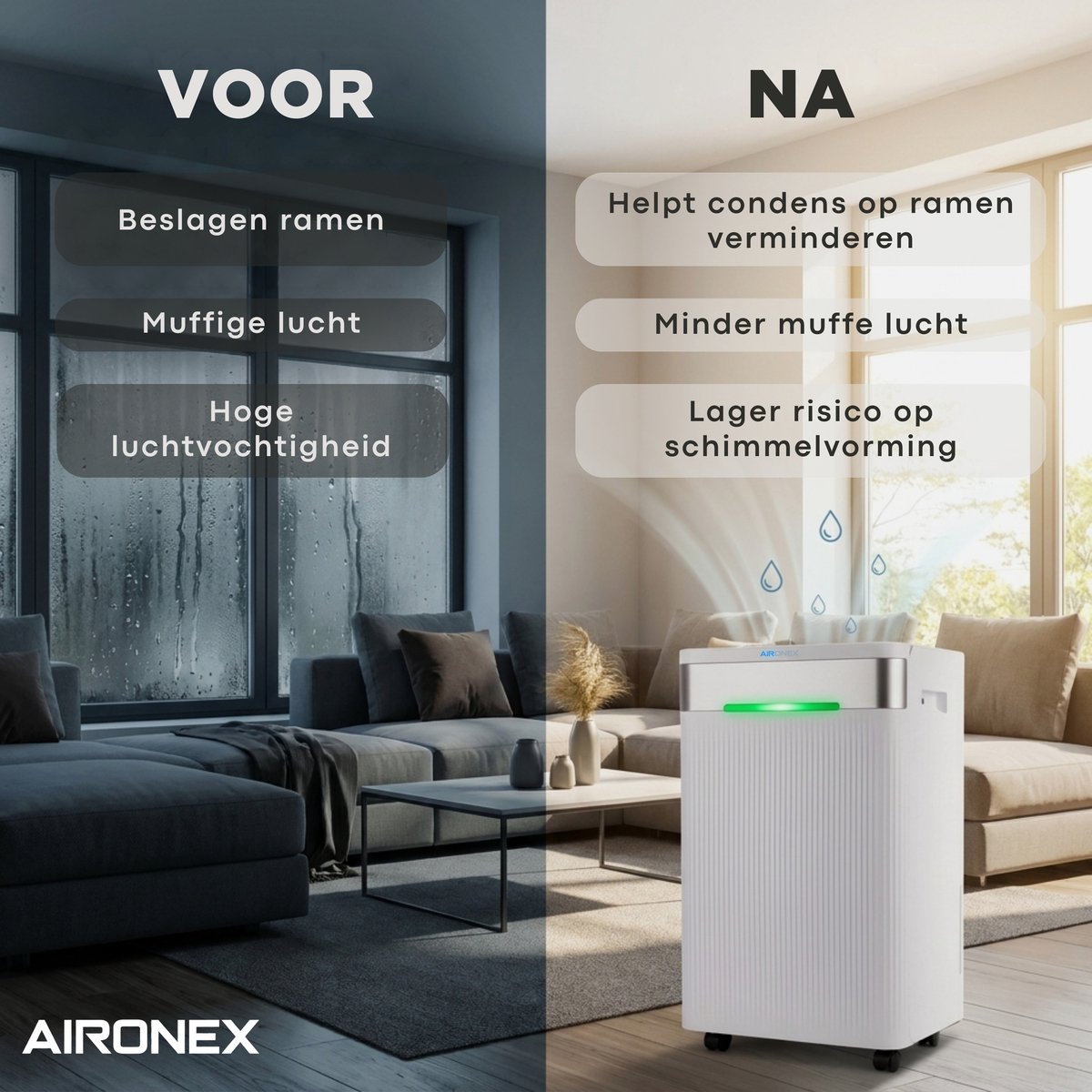 Aironex Luchtontvochtiger 20L per dag – Wasdroogfunctie – Tot 70 m² – Stil – Met App & Ionisator – Voor Kelder, Woonkamer, Slaapkamer & Badkamer – Dehumidifier thumbnail 5