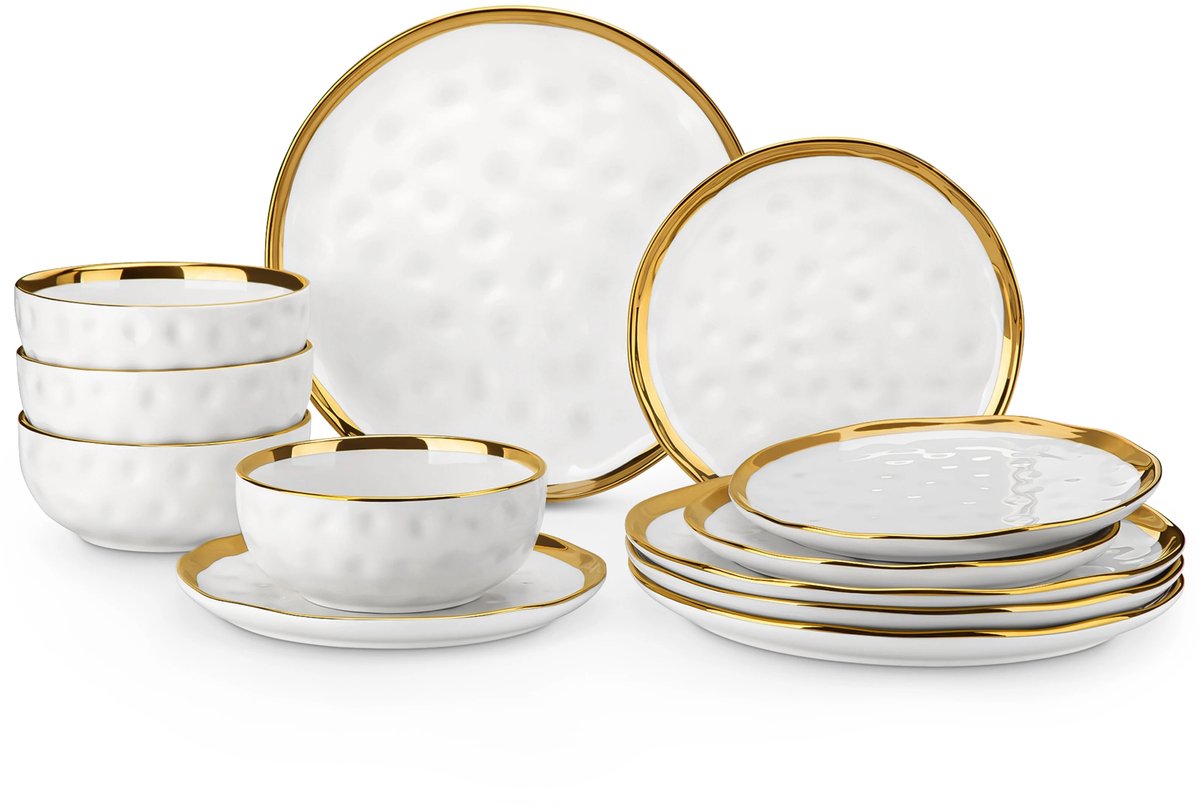 CINK Living® Luxe Serviesset 12-delig – Wit/Goud – Keramiek Porselein – 4 Dinerborden, 4 Dessertborden & 4 Kommen – Servies voor 4 Personen