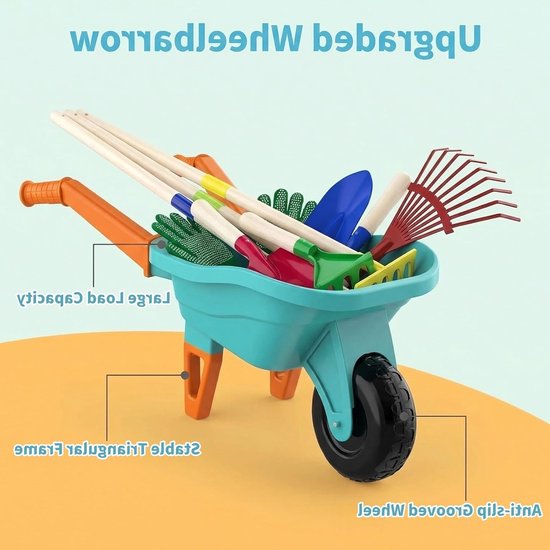 SnelShoppen - Kids Tuinieren Tool Set met Kruiwagen, Metalen Schop, Hark, Schoffel, Blad Hark, Handschoenen en Stickers voor Educatief Outdoor Tuinier van Snelshoppen — afbeelding 2