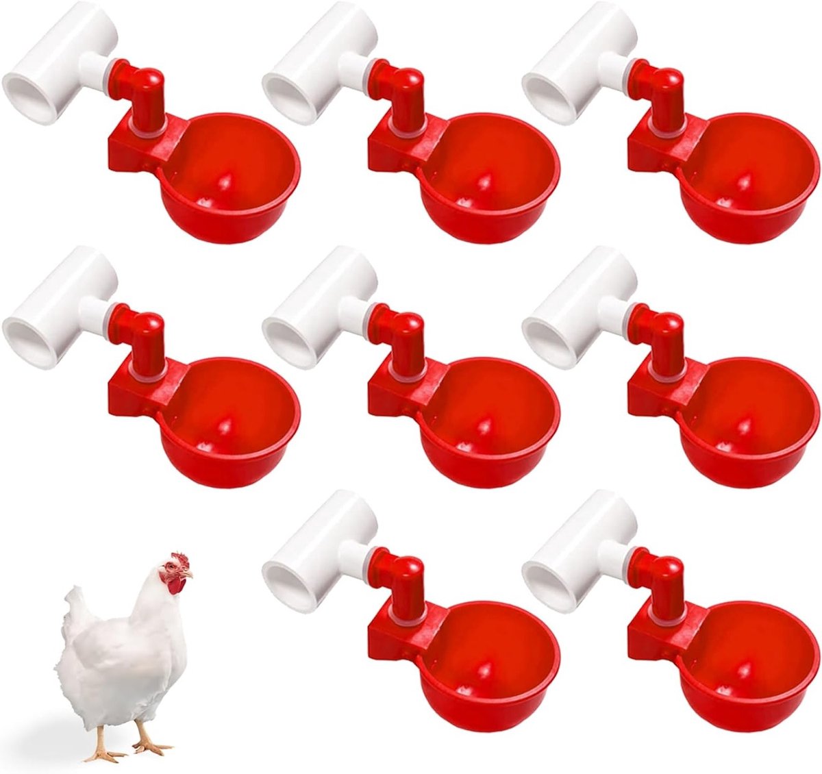 Automatische waterdispenserbekers voor gevogelte, zelfvullende drinkers voor kippen en vogels, ideaal voor boerderijgebruik, 8 stuks met PVC T-voegen voor 1/2 inch pijpen