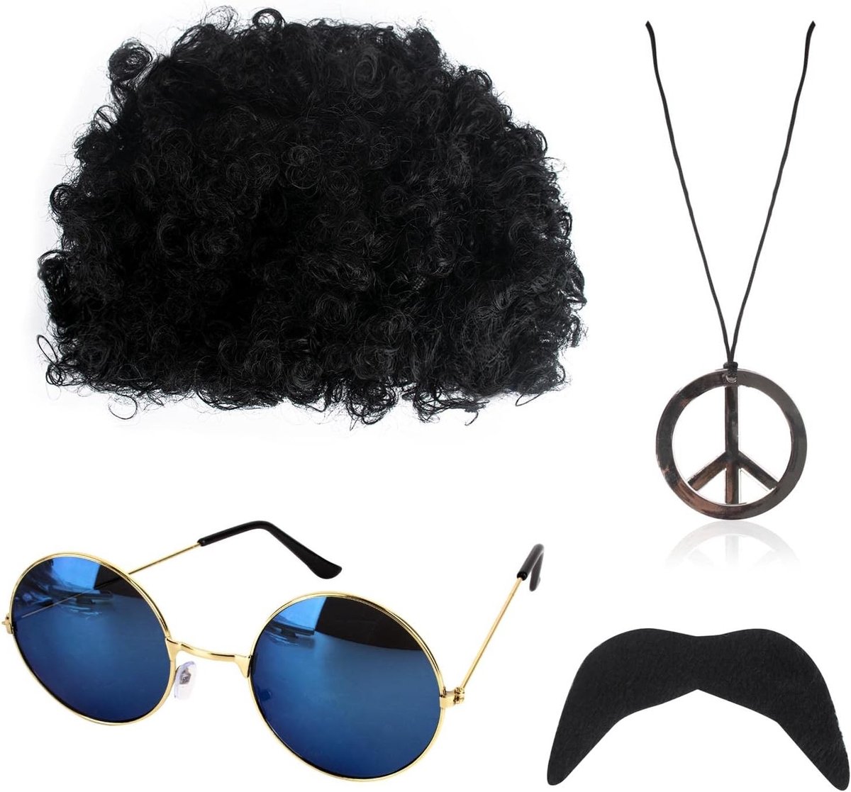Hippie Kostuum Set met Vintage Kledingaccessoires uit de Jaren '60 en '70, Inclusief Funky Wigs, Zonnebrillen, Baard en Vredessymbool Hanger voor Themafeesten van de Jaren '50 tot '70