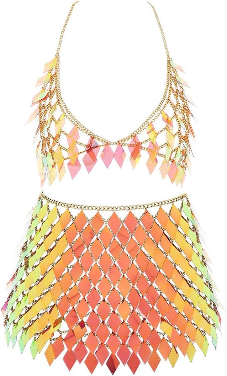 Sexy Sequins Body Necklace en Blauwe/Gouden Rok Set met Tassels voor Feestelijke Strandmode en Clubwear Accessoires voor Vrouwen