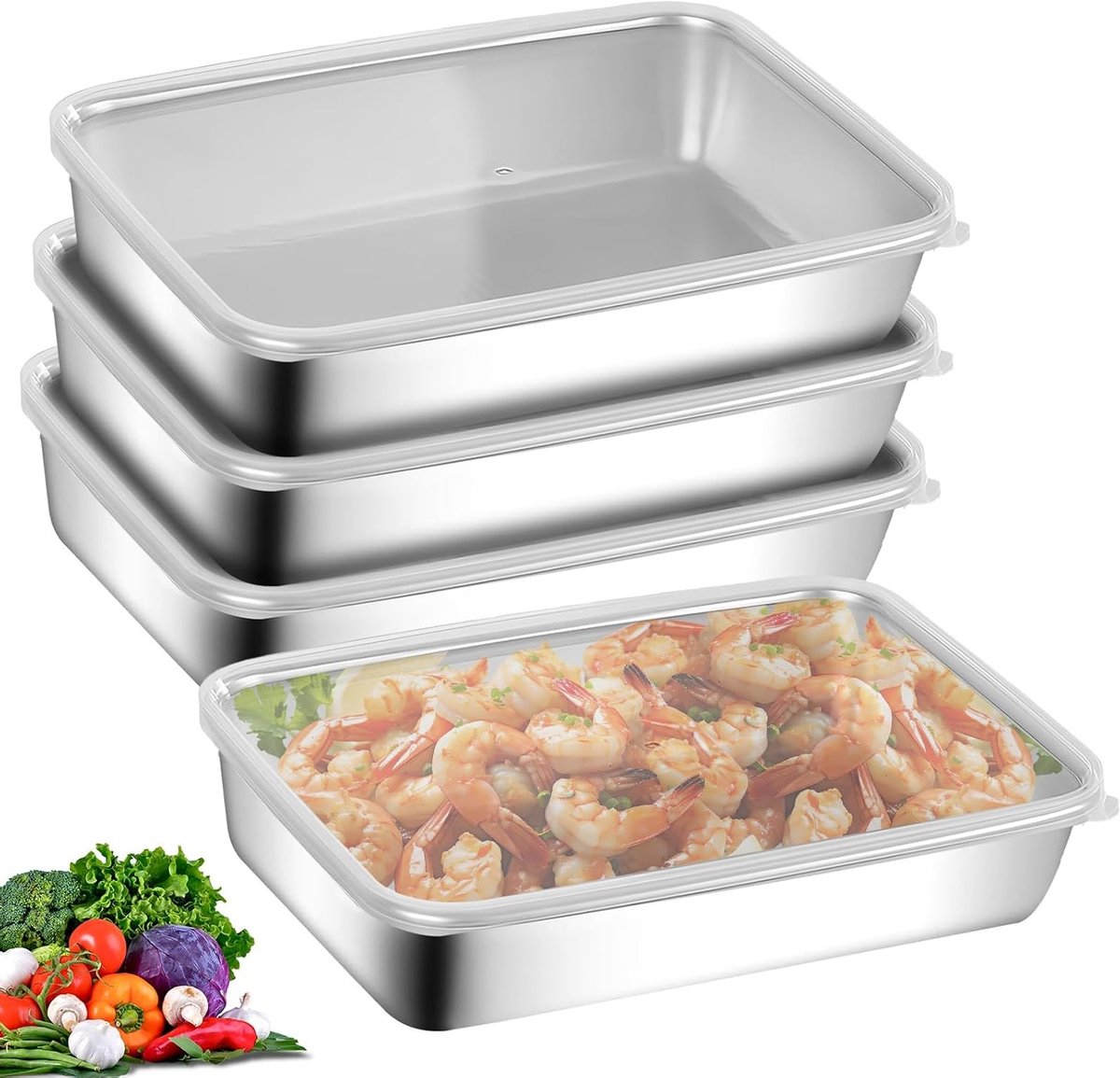 Set van 4 RVS Voedselopslagdozen met Deksel - Stapelbare Boxen voor Vlees, Kaas en Overige Voeding, Vaatwasser- en Vriezerbestendig