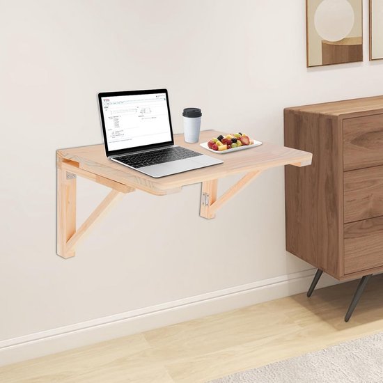 Wall Folding Table Wall Mounted Pine Folding Table 60 x 40 cm Foldable and Space Saving Table for Home Office, Kitchen, Balcony, Includes Mounting Accessories (60 x 40 cm) — afbeelding 2