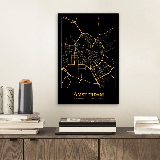 Décoration murale Métal - Aluminium - Carte - Amsterdam - Simple - Or - Zwart - 20x30 cm