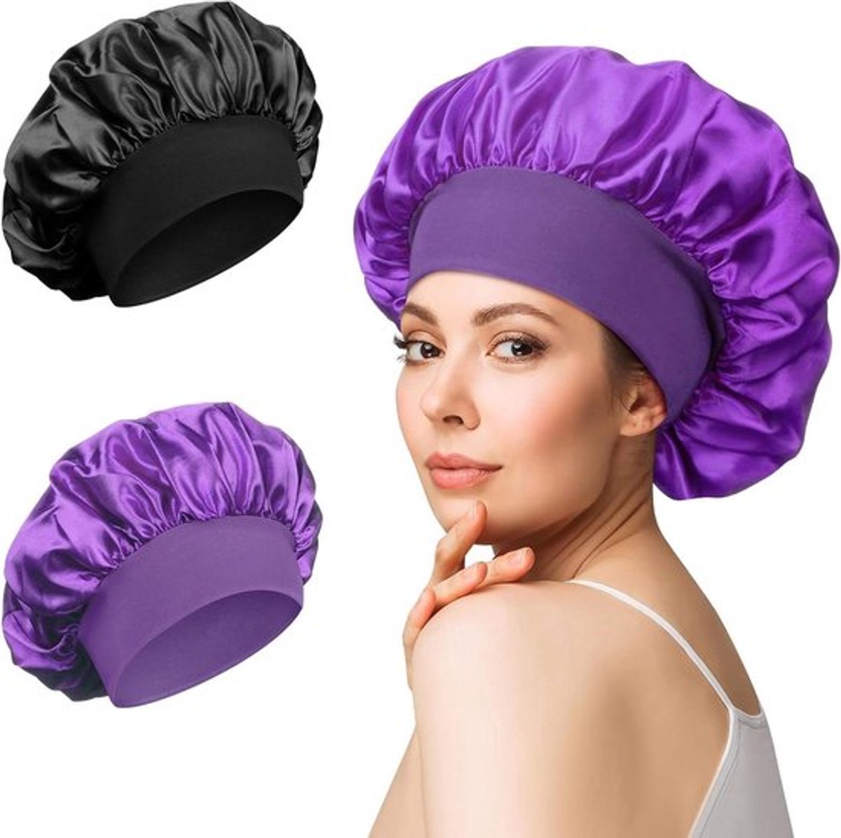 Satijnen slaapmuts met elastische band voor dames en meisjes - 2 stuks zwart paars