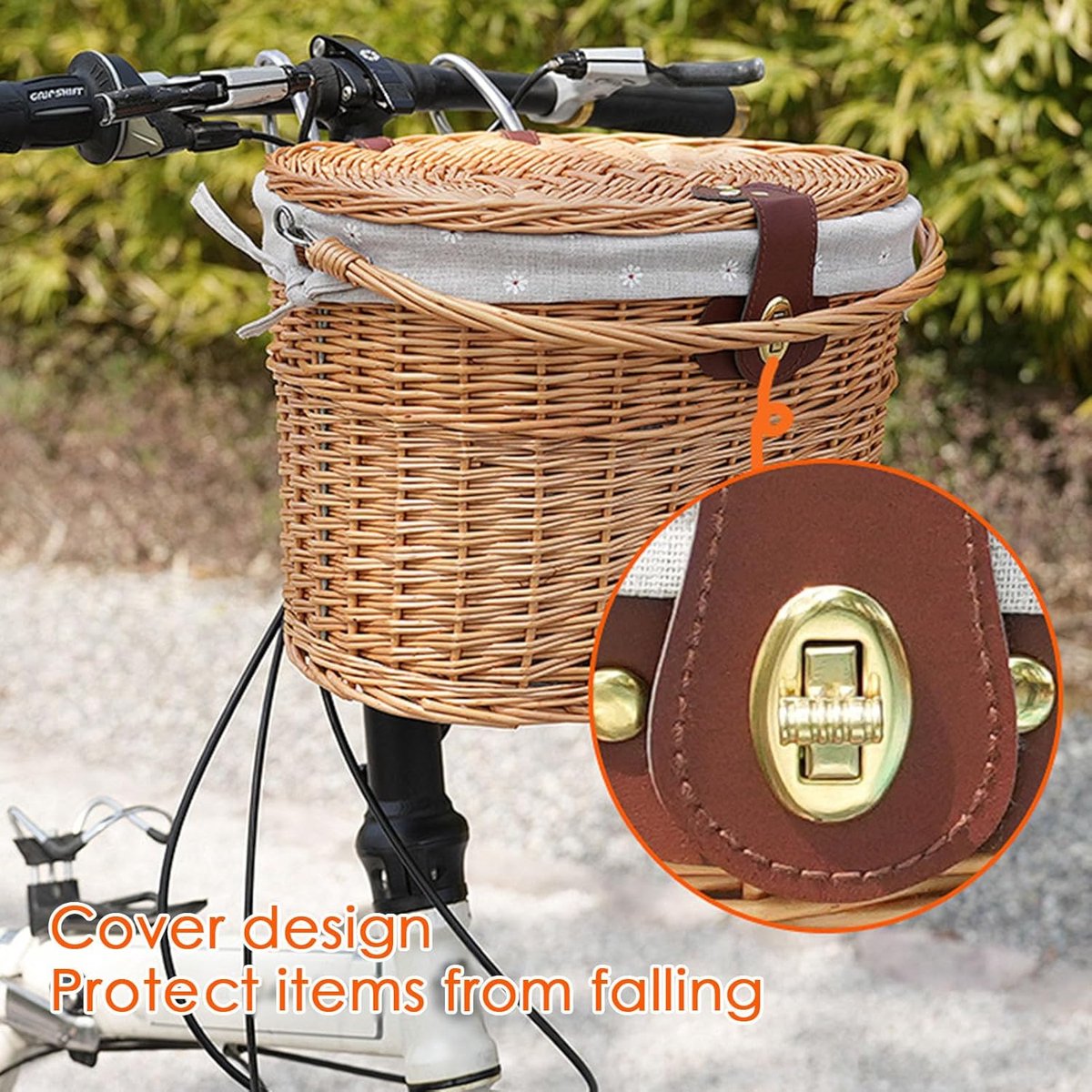 Fietsmand Geweven - Natuurlijke Mand - Boodschappen Vervoeren - Afneembaar Deksel - 33 x 21.5 x 25 cm - Houtkleur