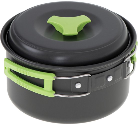 Camping Pannenset - 9-Delige Aluminium Kookset XL - Pot 15 cm en Koekenpan 16 cm - Compacte Mess Kit met Kommen en Opbergzak van Camping — afbeelding 4