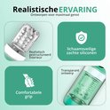 Detail van de groene masturbator. Tekst: Realistische ERVARING. Ontworpen voor maximaal genot. Realistisch gestructureerd interieur. Lichaamsveilige zachte siliconen. Comfortabele grip. Transparant ontwerp.