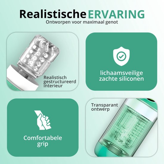 Detail van de groene masturbator. Tekst: Realistische ERVARING. Ontworpen voor maximaal genot. Realistisch gestructureerd interieur. Lichaamsveilige zachte siliconen. Comfortabele grip. Transparant ontwerp.