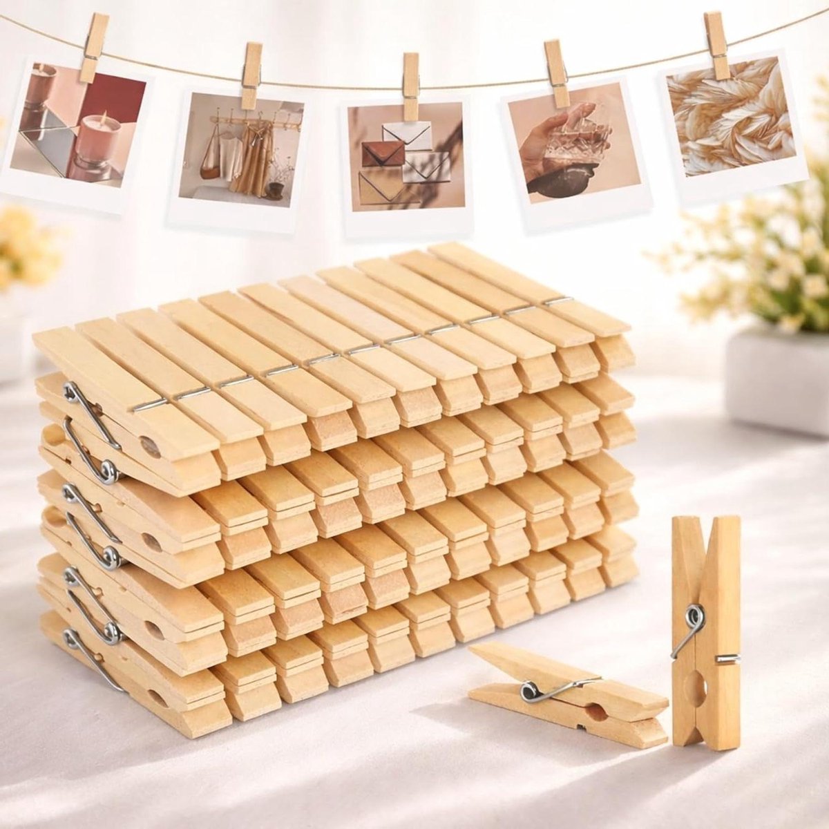 Bamboe Doekclips - Houten Pinnen - Kleding Drogen - Sterke Veergrip - 60 Stuks - Wit