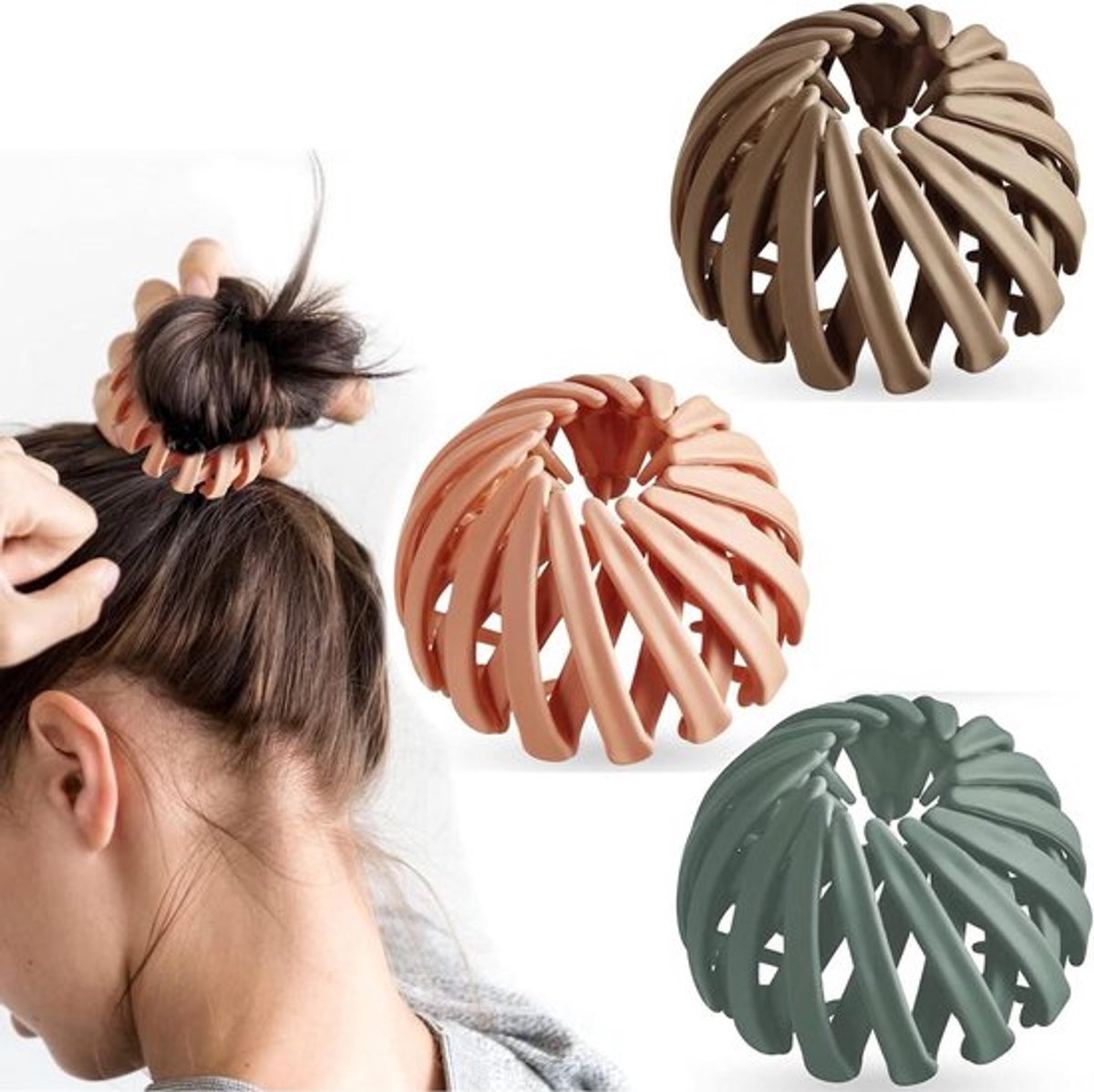 Set van 3 grote vintage haarklemmen in vogelneststijl met effen kleur voor dames