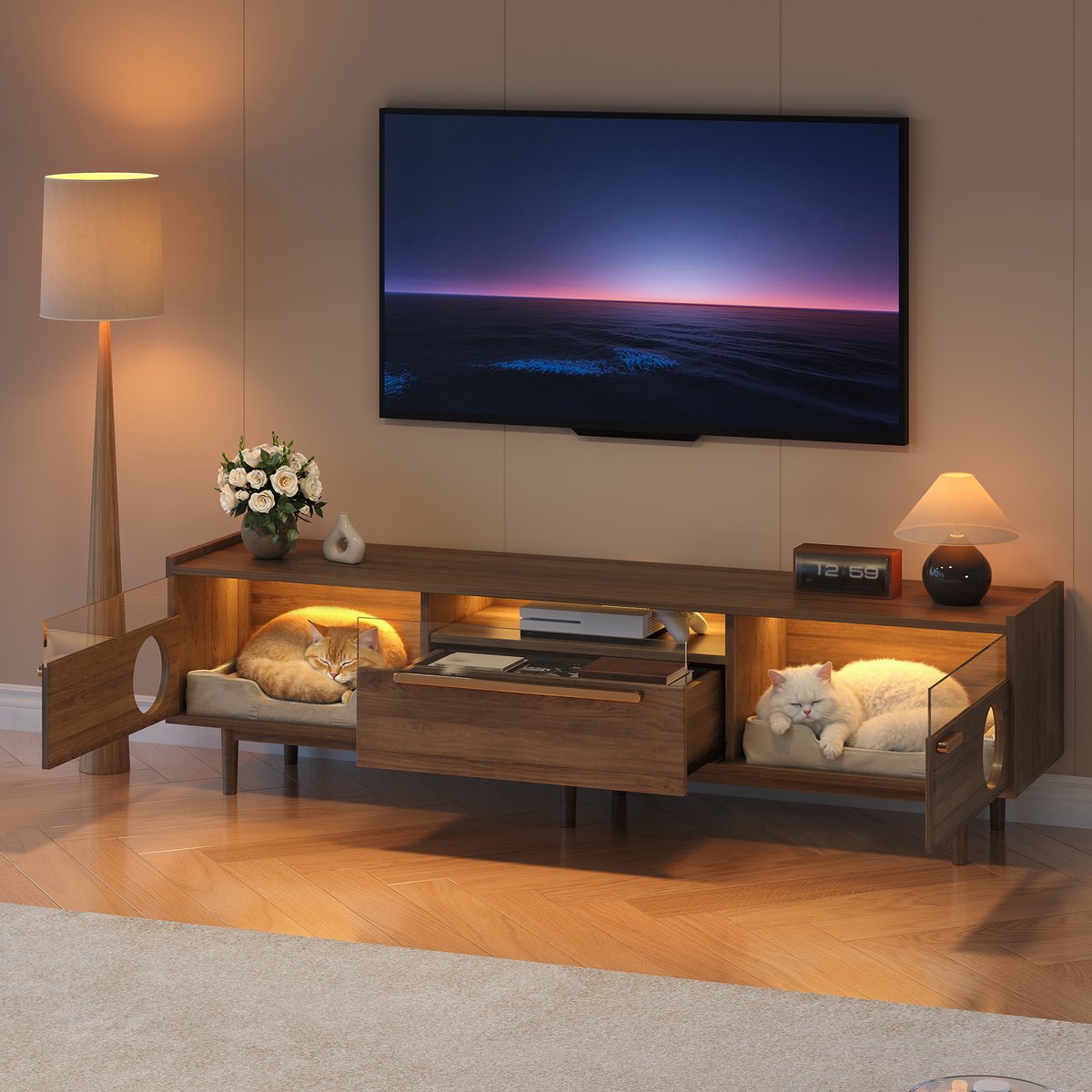 Moderne tv-meubel - met LED-verlichting - met kattenrustplaats - zonder kattenkussen - ste