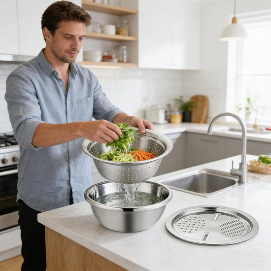 Mixing Bowl & Vergiet Set - Roestvrij staal | Multifunctionele mengkom van roestvrij staal en draining vergiet met rooster, ideaal voor het maken van salade met maaltijden, en verstevigend voedsel — afbeelding 4