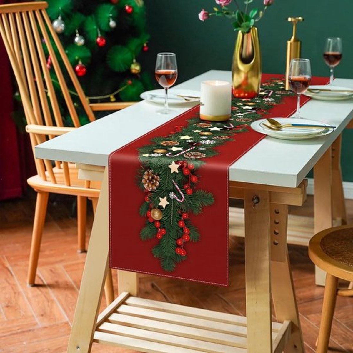 Kerst Tafelloper Rood - Festive Tafeldecoratie voor Winter en Kerst