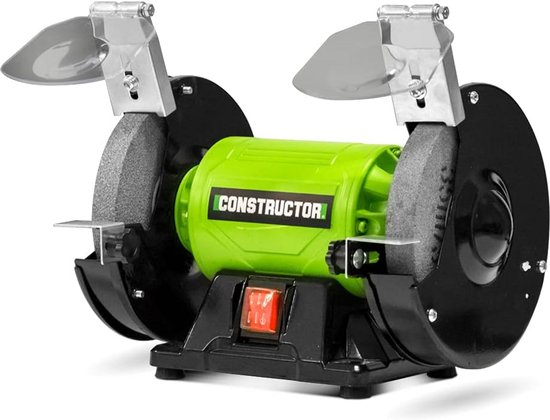 Groene bankslijpmachine met twee slijpschijven en beschermkappen.