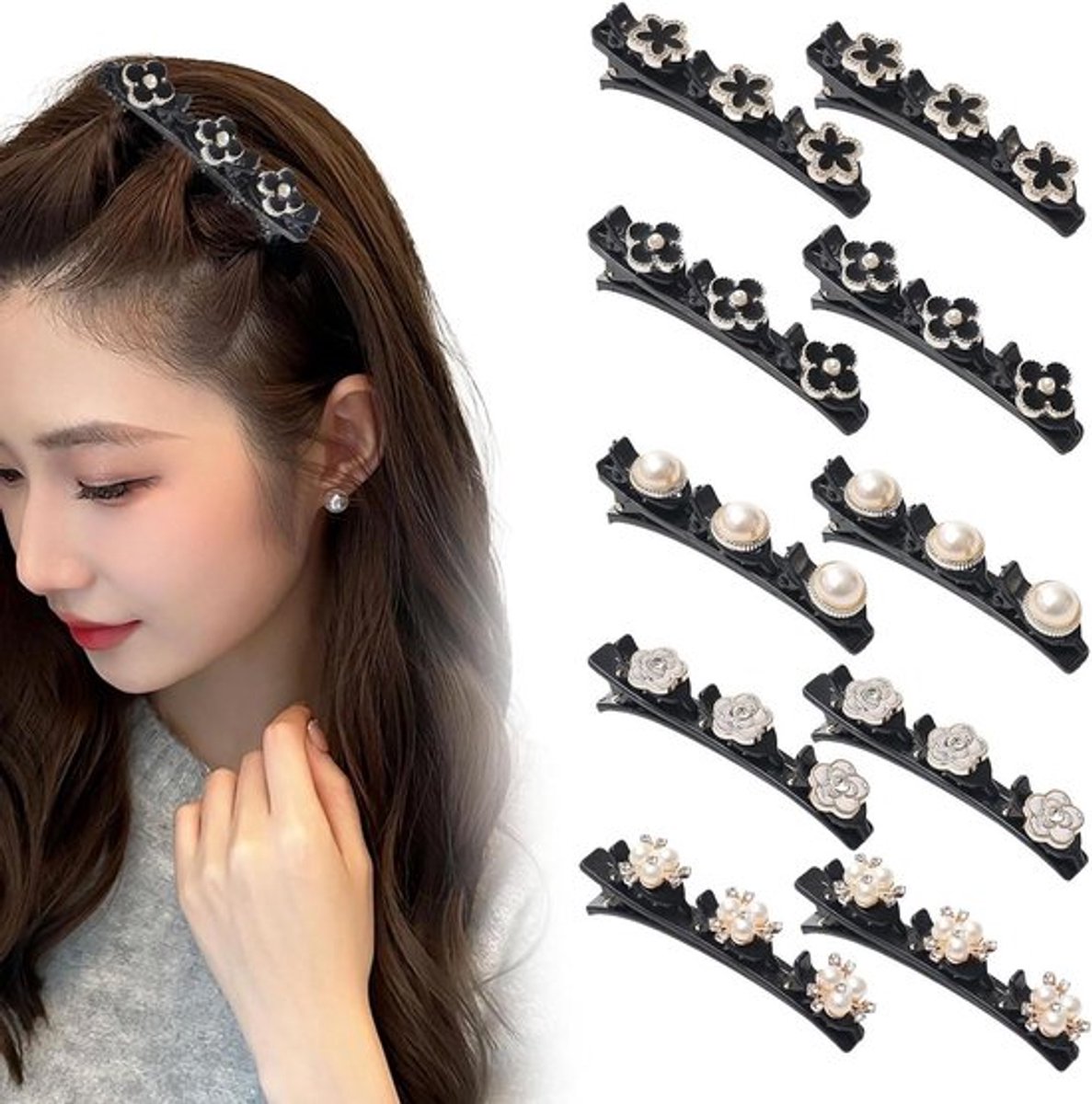 Set van 10 glinsterende kristallen haarclips voor meisjes met strass en parels