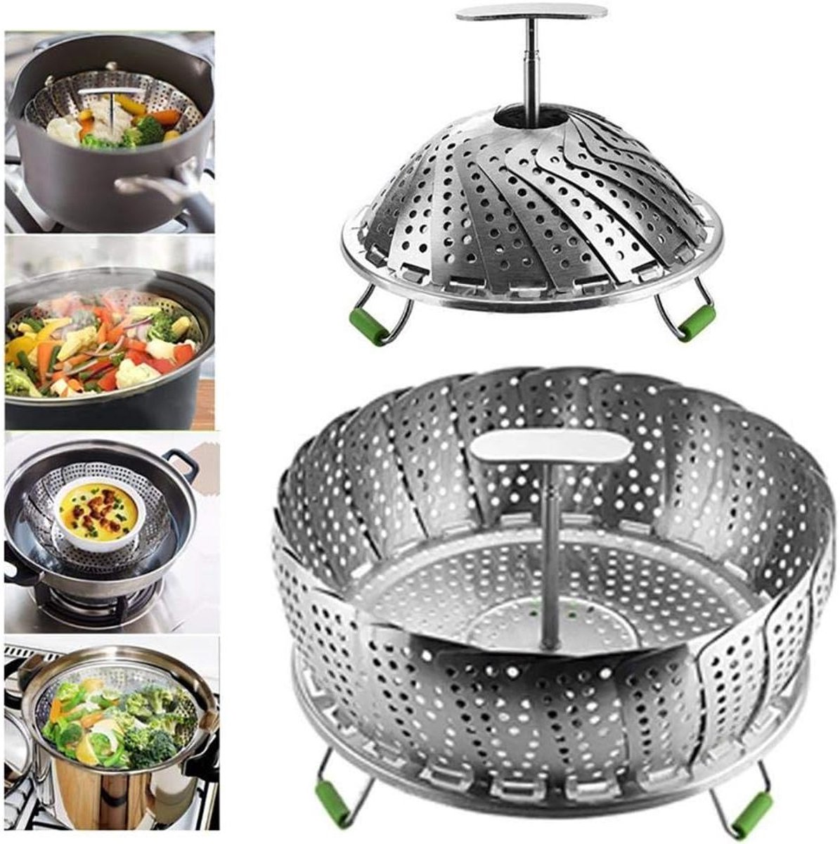 RVS Stoommand - Opvouwbare Steamer - Gezond Koken - Verwijderbaar Handvat - 14-24 cm - Zilver