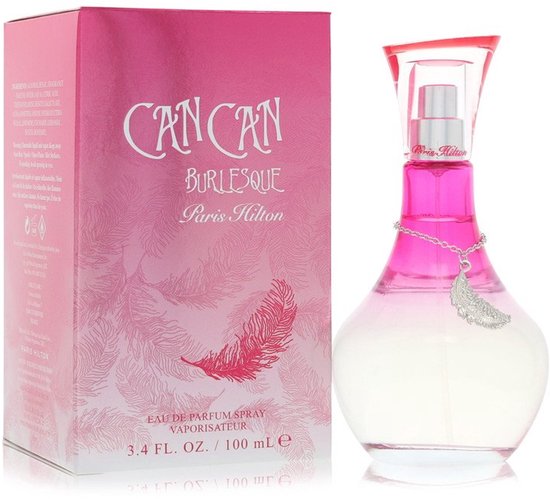 Paris Hilton Can Can Burlesque Eau de Parfum Spray 100 ml. Glazen fles met roze vervaging, zilveren veertje bedel.