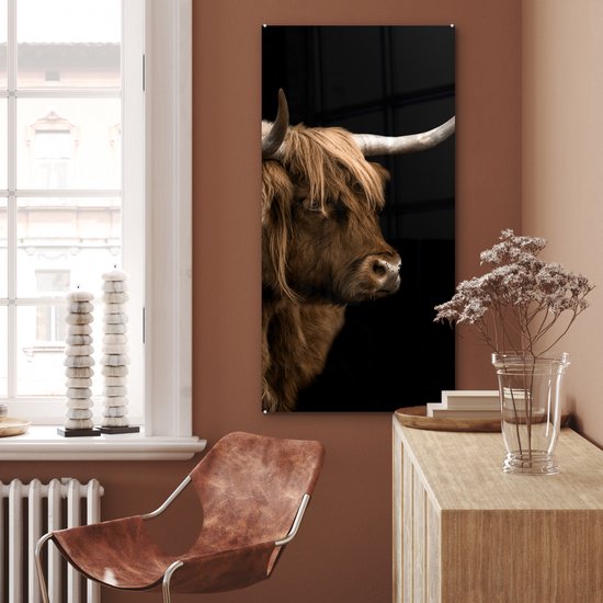 ® Glasschilderij 60x120 cm - Schilderij acrylglas - Schotse hooglander - Koe - Zwart - Foto op glas - Muurdecoratie woonkamer - Wanddecoratie slaapkamer - Schilderijen