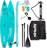 Turquoise VirtuFit SUP board 381 cm met accessoires: GoPro Mount, peddel, pomp en draagtassen.