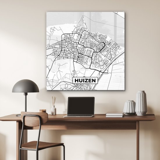 ® Glasschilderij 90x90 cm - Schilderij acrylglas - Kaart - Huizen - Zwart - Wit - Foto op glas - Muurdecoratie woonkamer - Wanddecoratie slaapkamer - Schilderijen