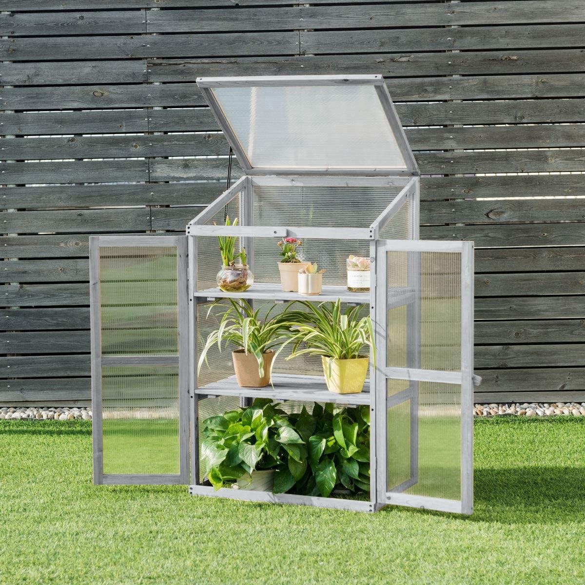 Mini Houten Kas - Kweekkas Planten - Planten Beschermen - Dubbele Deuren - 3 Maten - Grijs