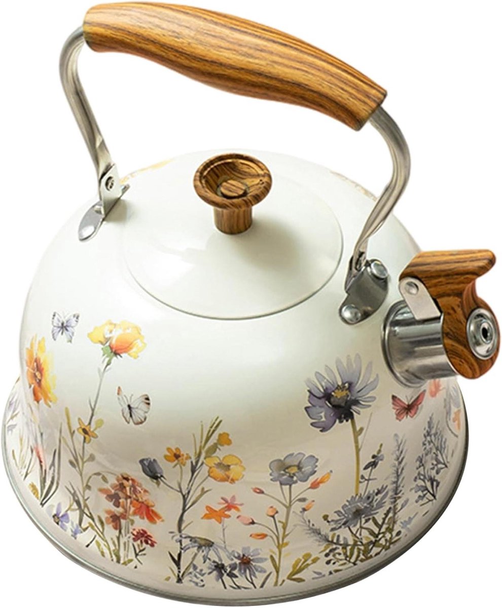 Waterkoker 3L - Fluitketel RVS - Thuis en Camping - Bloemen Design - 3 Liter - Beige