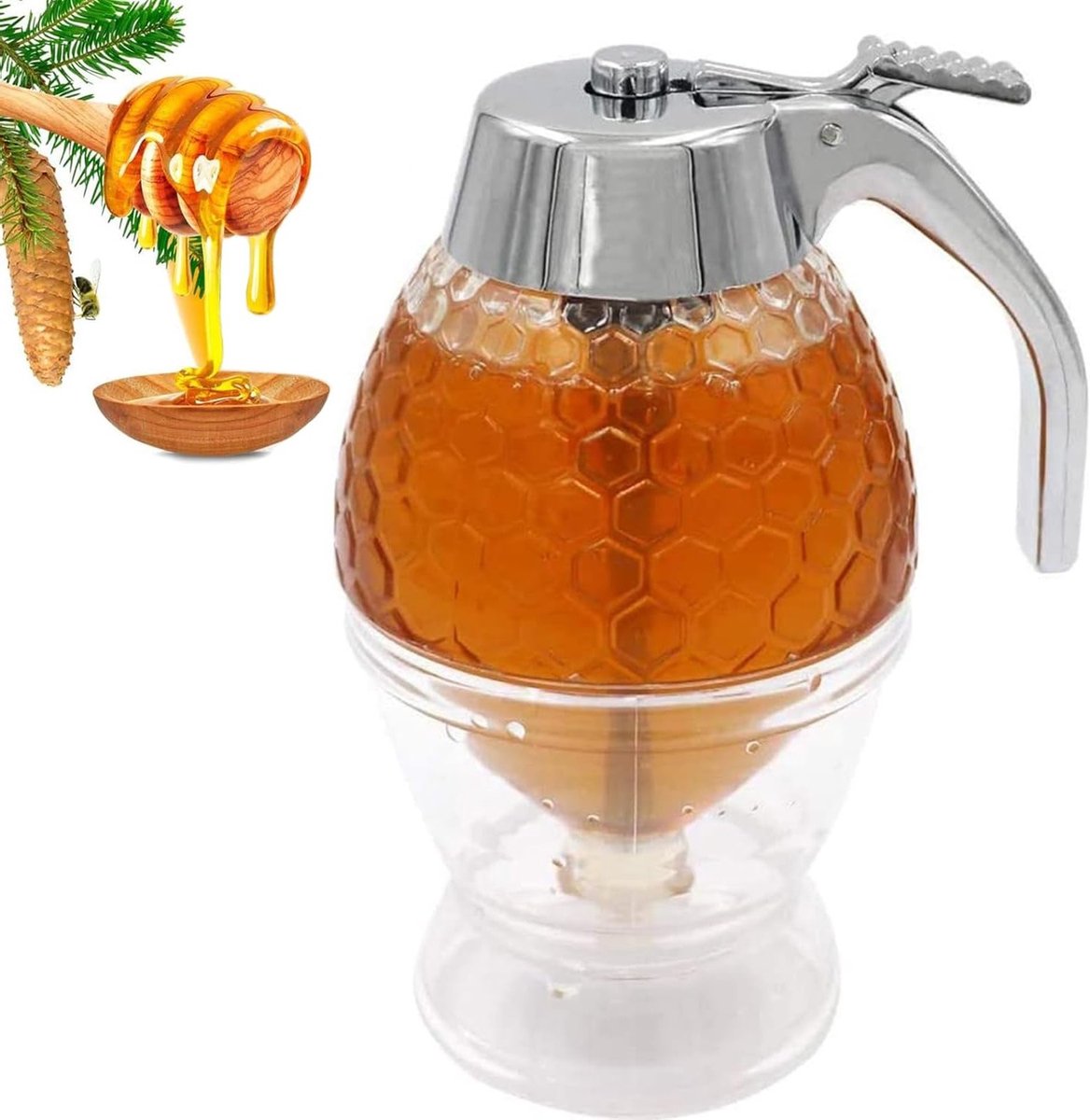 Siroopdispenser met standaard voor honing en ahornsiroop, druppelvrij en gematigde stroom, ideaal voor serveren en opslag