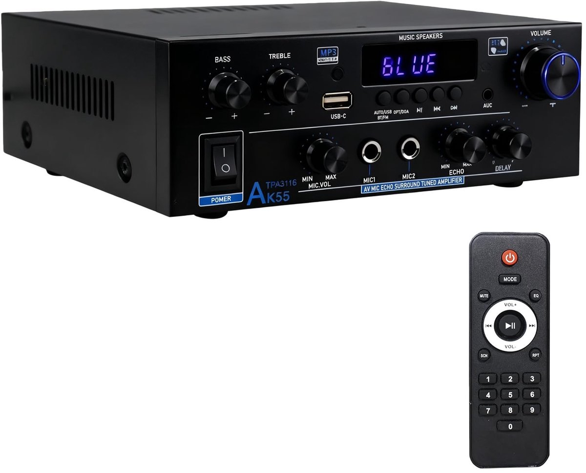 ONF3 - Mini Bluetooth Versterker - HiFi Stereo Amplifier met FM Radio - 70W Vermogen - Inclusief Remote Control - Draadloze Verbinding - Compact...
