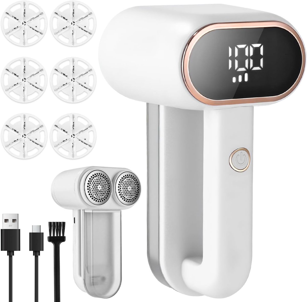 Elektrisch pluisscheerapparaat, dubbelkoppig, pluisverwijderaar voor kleding en meubels, ledlicht, instelbare 3-voudige snelheid, 6-bladig lemmet, USB-opladen