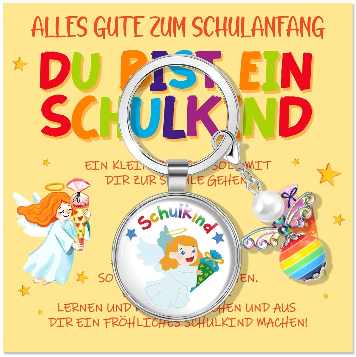 ONF3 - Gelukscharms voor Meisjes - Eerste Schooldag Cadeau - Engel en Wenskaart - Uniek Geschenk - Persoonlijk - Voor de Eerste Schooldag - Roze